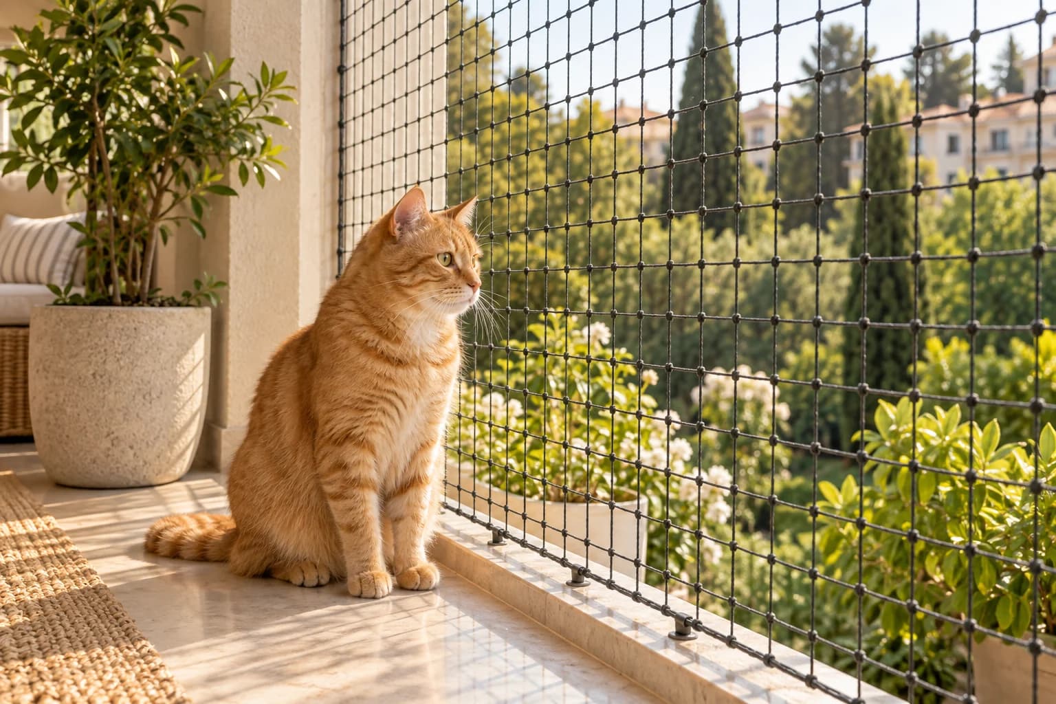 Koruyucu filenin arkasında balkonda oturan kedi, temsili görsel